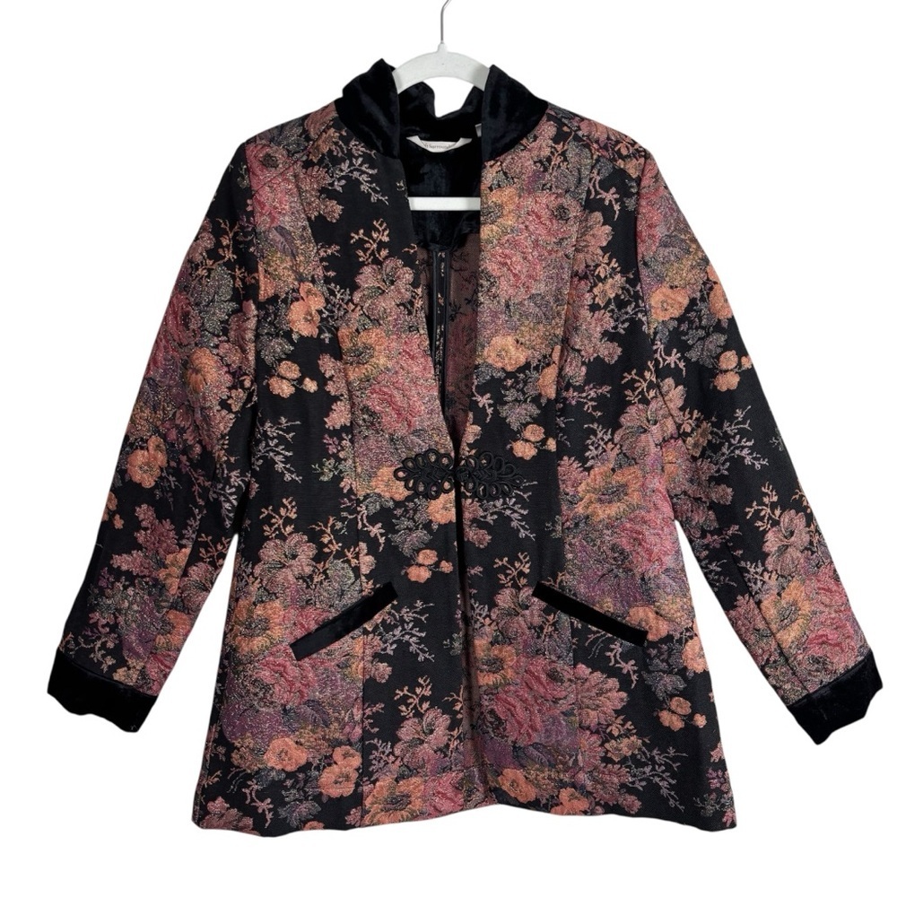 Soft Surroundings Jacquard Jacket Blazer Sz Medium Westbury Garden Black Floral